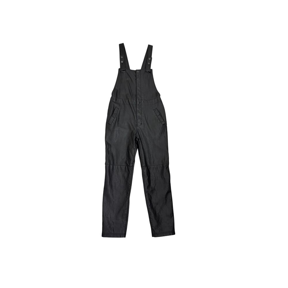 Free People Black Moto Grunge Vegan Faux Leather Rocker Bib Overalls Size 2